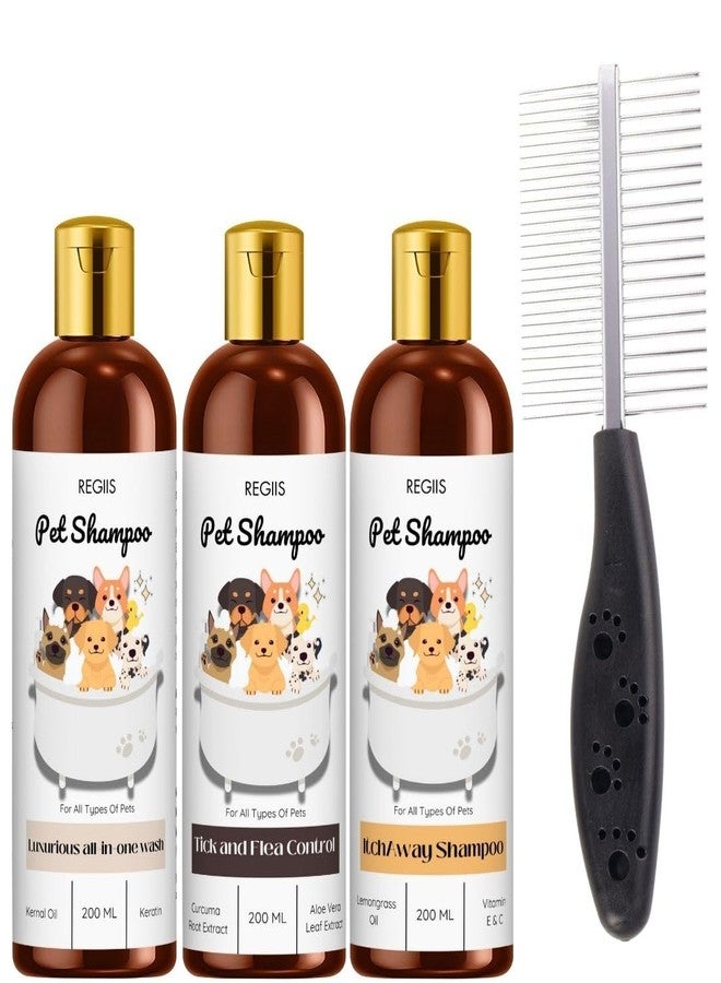 مجموعة شامبو ريجيس بريميوم للحيوانات الأليفة مع فرشاة تنظيف، 3 عبوات، 200 مل لكل عبوة، مجموعة شامبو طبيعية بالكامل للكلاب للتحكم في البراغيث وتخفيف الحكة وترطيبها - Image 1